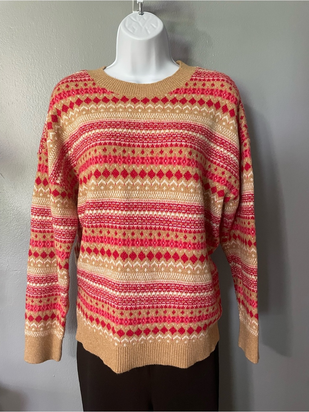 LOFT Red & Camel Fair Isle Crewneck Sweater